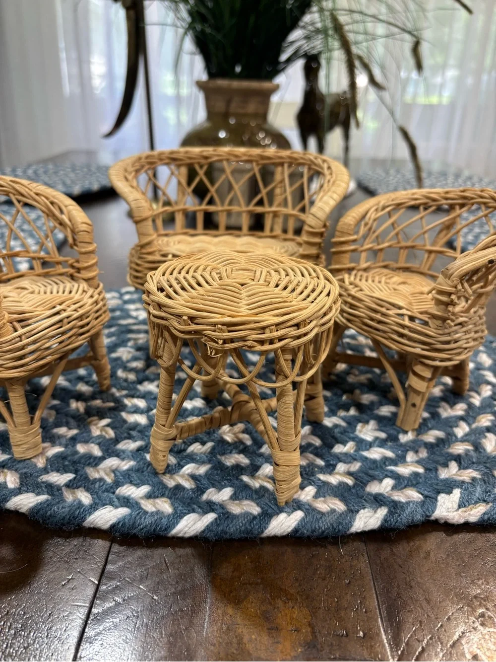 Vintage 70's  80's Natural Wicker Doll House Chair and Table Set